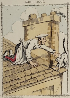 Un boucher attrape un chat, caricature de Faustin Betbeder de 1870