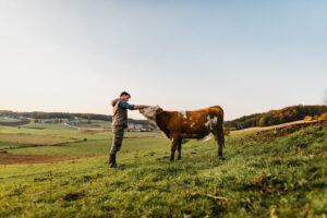 Un éleveur caresse une vache dans la campagne